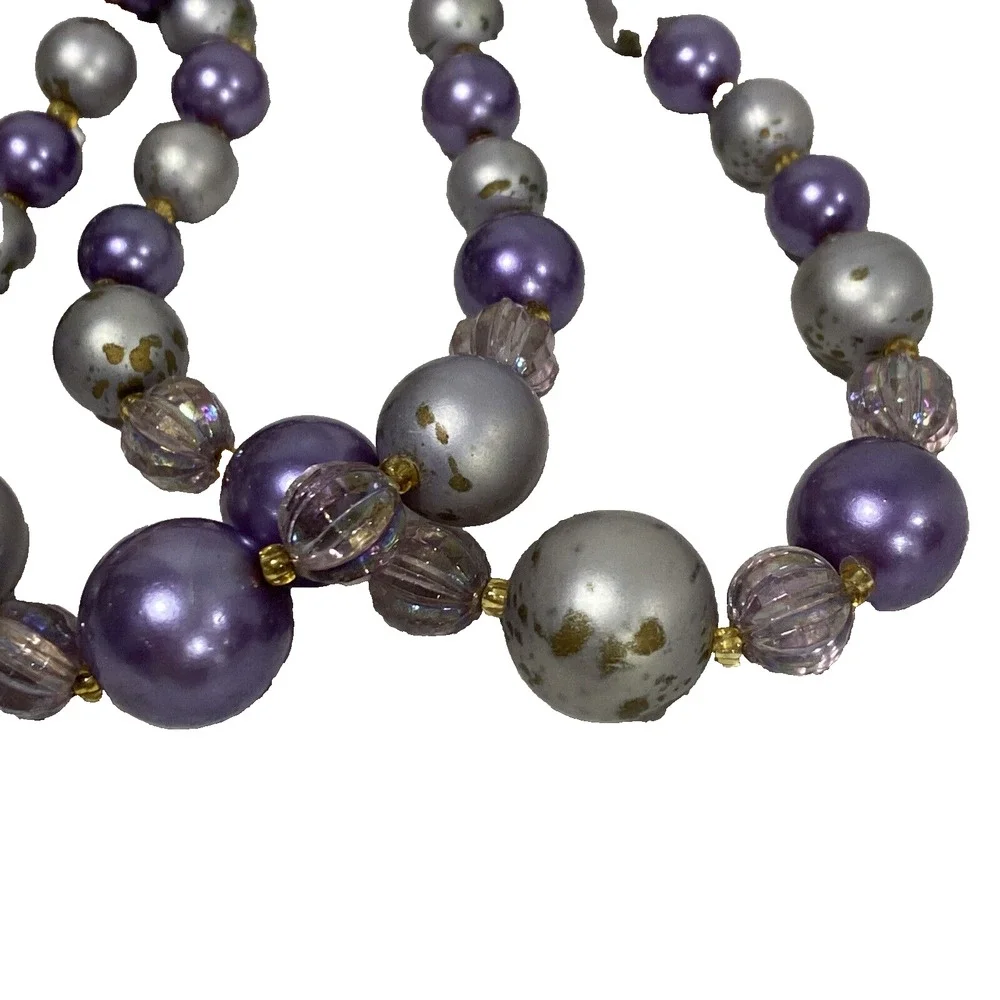 Vintage Mid Century Two Strand Choker Necklace Purple Gray Beaded Signed Japan